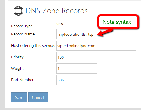 adding SRV records for apexhost office 365