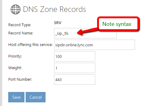 Add 2 SRV records for use with office 365